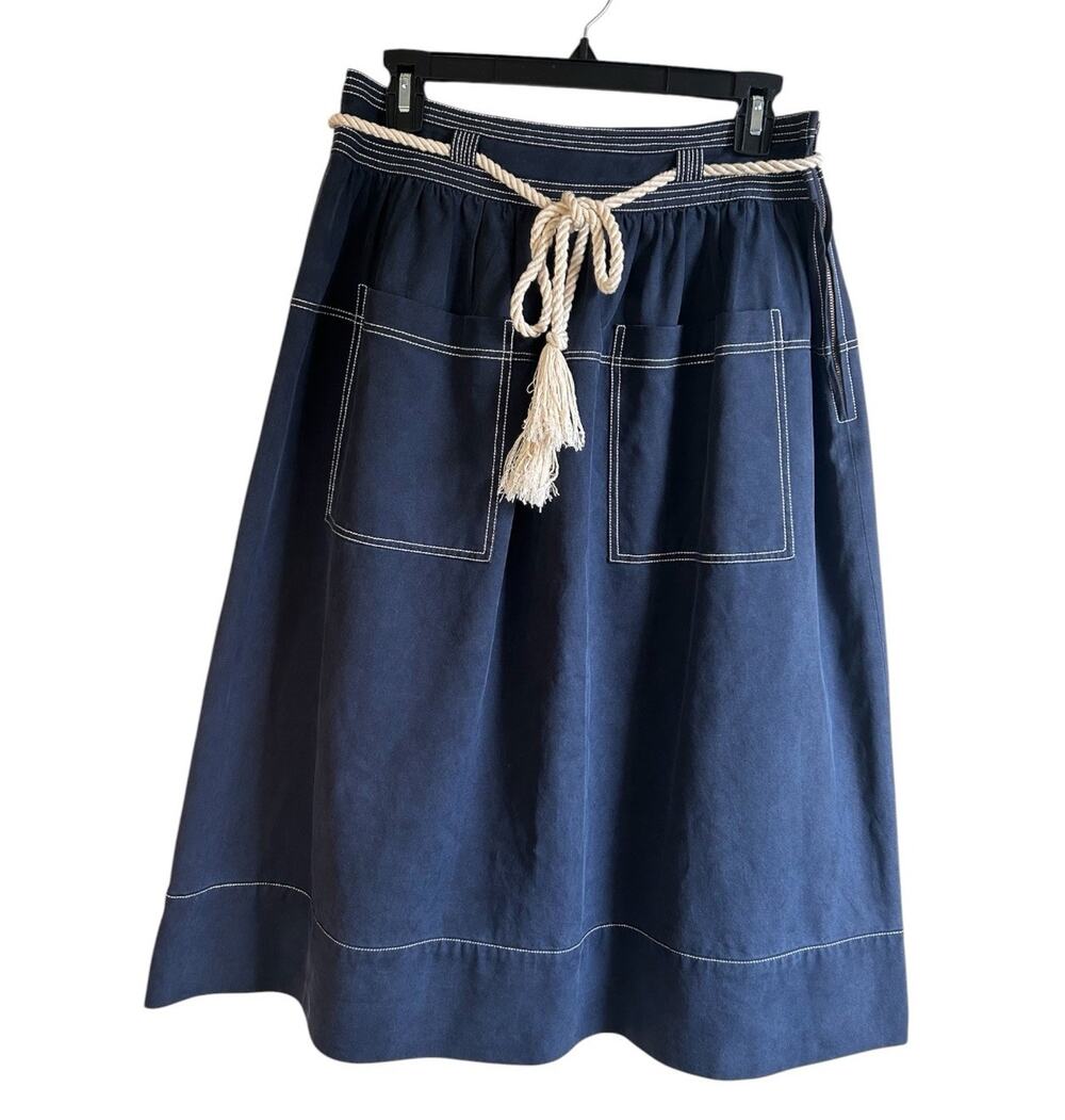Ulla Johnson Dakota Skirt 8 Navy Linen Cotton Midi Rope Belt $375